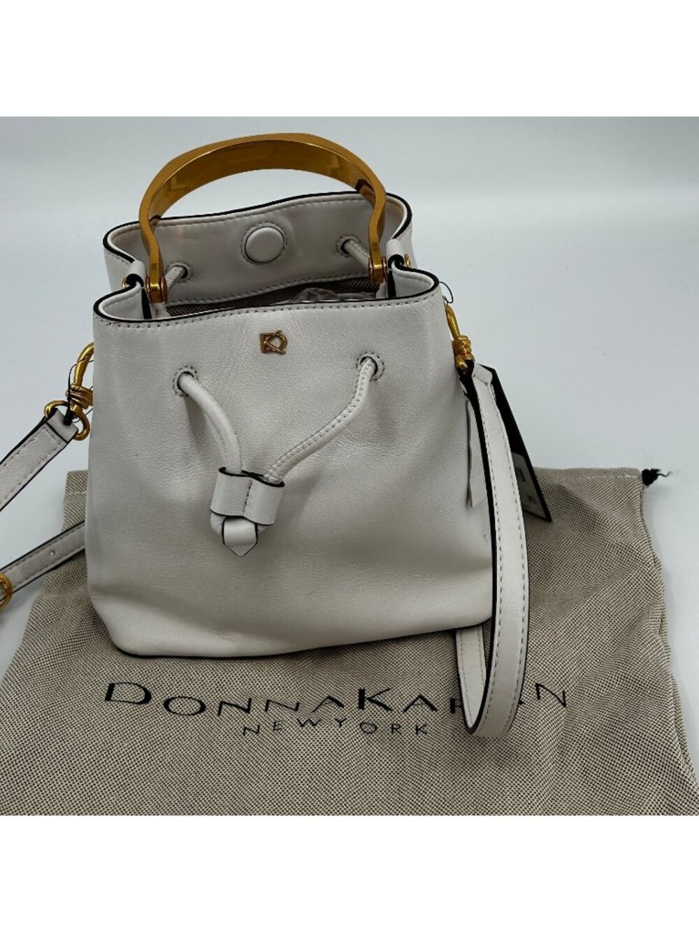 Donna Karan Lawrence Bucket Bag White Leather Drawstring Crossbody Gold Handle